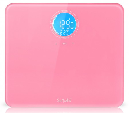 Surpahs Shiny Small Lightweight Digital Bathroom Scale w/ BMI Calculation,  Auto Identify 4 Users [Sachet Pink]