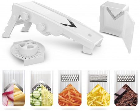 Surpahs V-Blade Mandoline Adjustable Slicer - 5 Stainless Steel Blades -  Vegetable and Fruit Slicer, Vegetable Shredder, Spice, and Nut Grater –  Professional Grade – Includes Hand Guard and Blade Box